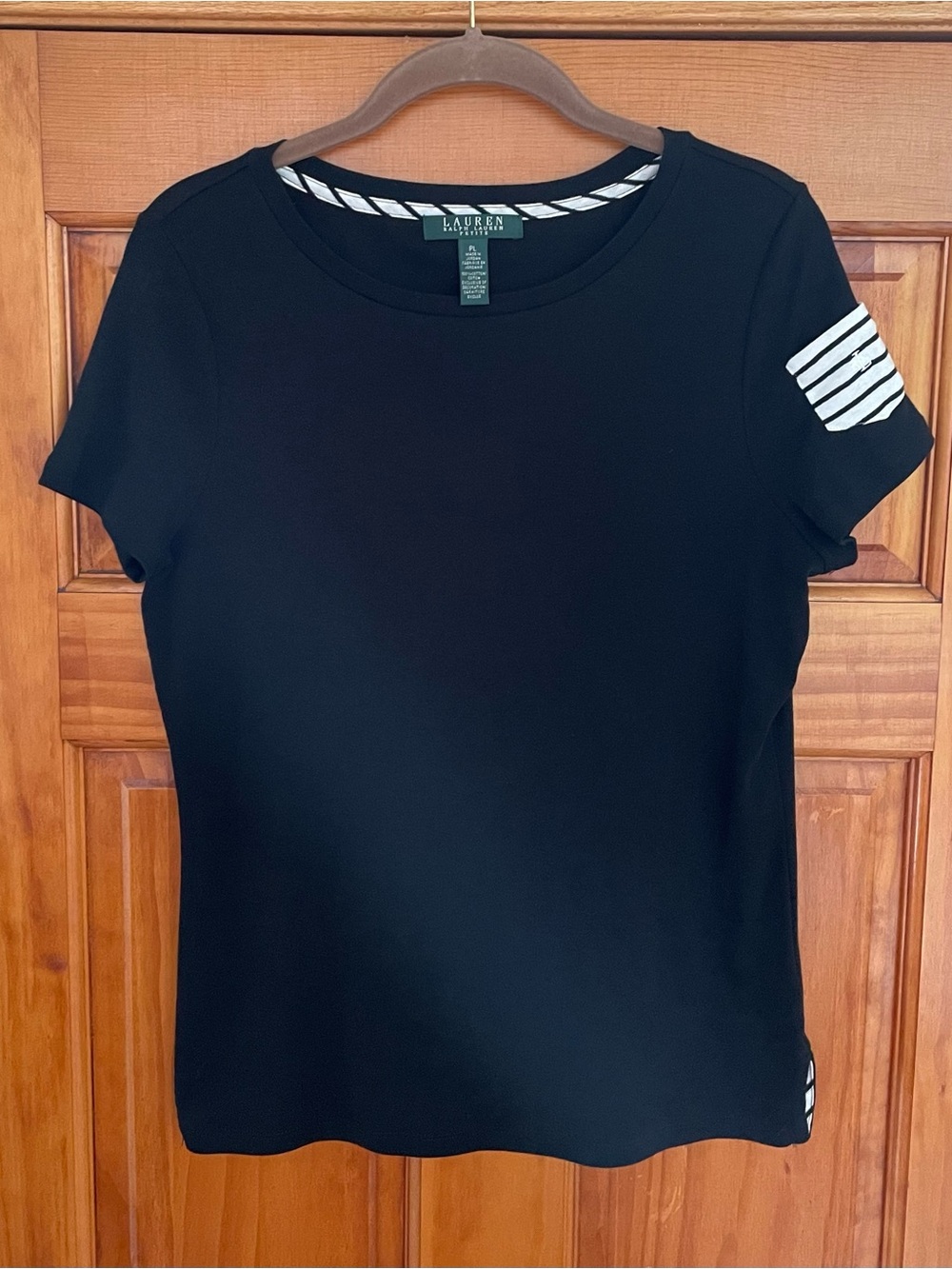 Lauren Ralph Lauren Petite Black Short-Sleeve Tee w/White Stripe Accents size PL